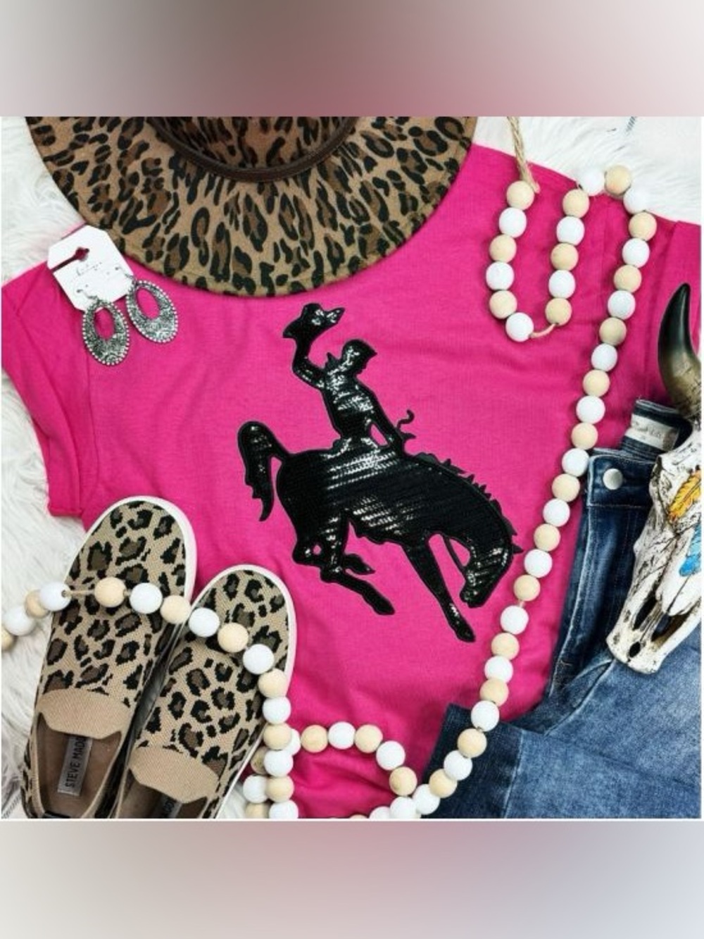 BRAND NEW WITH TAGS Pink Sequin Rodeo Cowboy Graphic Tee